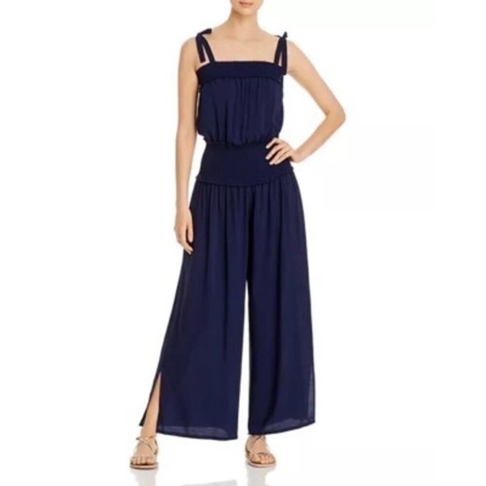 Tory Burch Smocked Shoulder-Tie Jumpsuit in navy blue
